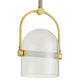 Pendant light with gold fixture and white glass shade on a white background