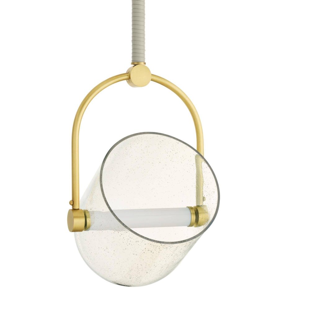 Pendant light with gold fixture and clear glass shade on a white background