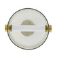 Round glass light fixture with gold accents on a white background