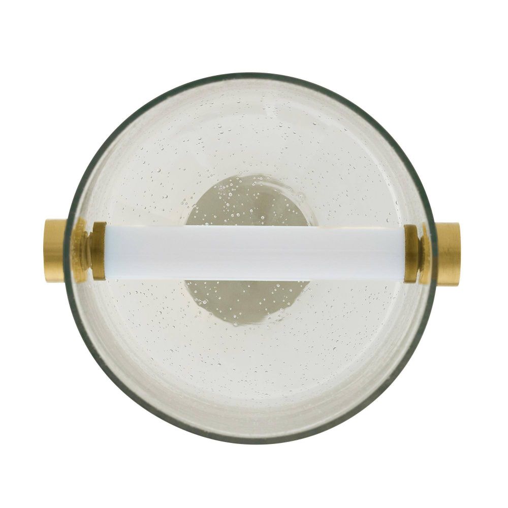 Round glass light fixture with gold accents on a white background