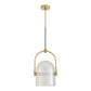 Pendant light with gold fixture and white glass shade on a white background
