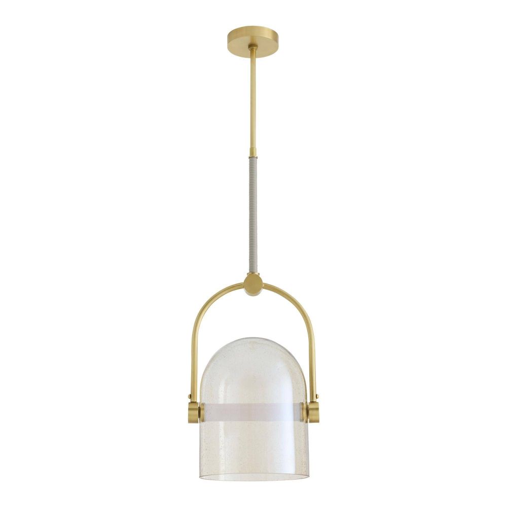Pendant light with gold fixture and white glass shade on a white background