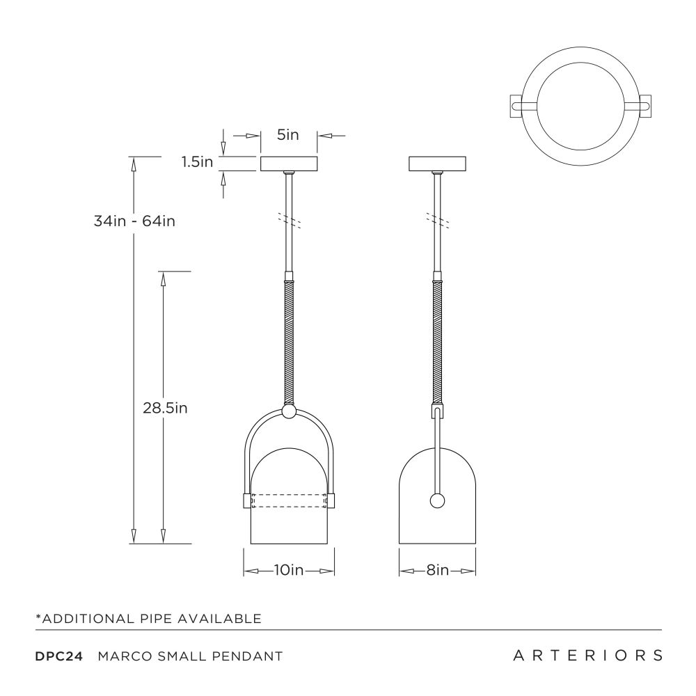 Technical drawing of a pendant light fixture with dimensions and Arteriors branding.