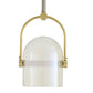 Pendant light with gold fixture and white glass shade on a white background