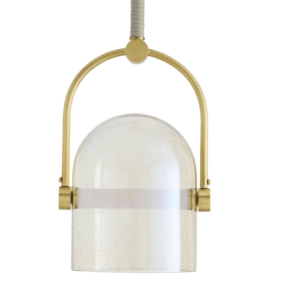 Pendant light with gold fixture and white glass shade on a white background
