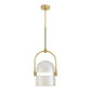 Gold pendant light with a clear glass shade on a white background