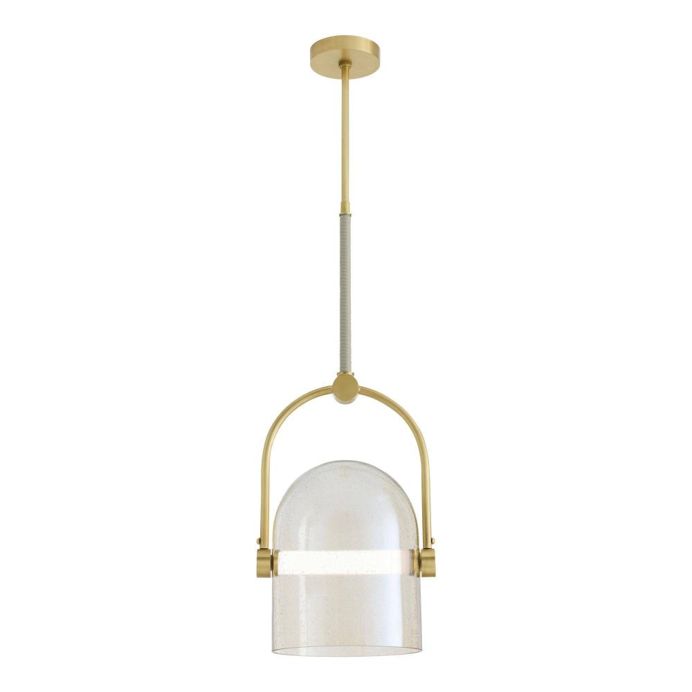 Gold pendant light with a clear glass shade on a white background