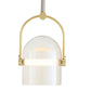 Pendant light with gold frame and white glass shade on a white background