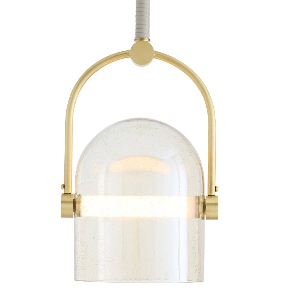 Pendant light with gold frame and white glass shade on a white background