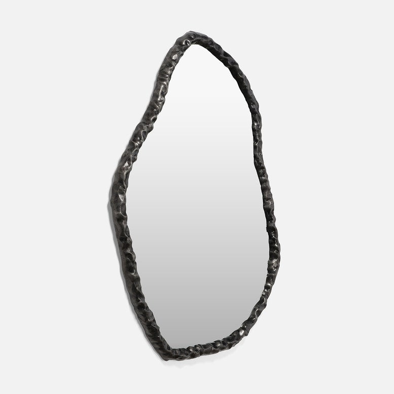 Decorative mirror with a black, textured frame on a white background