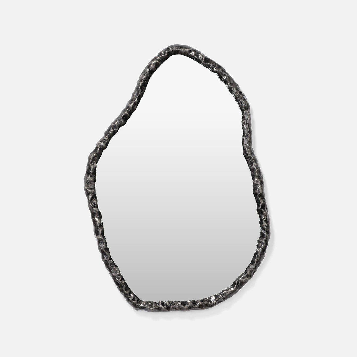 Decorative mirror with a textured black frame on a white background