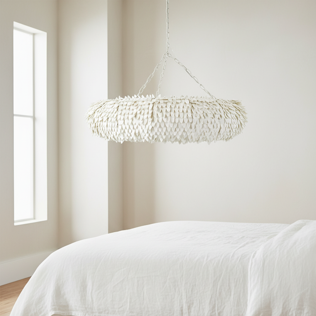 White pendant light hanging above a bed in a bright bedroom