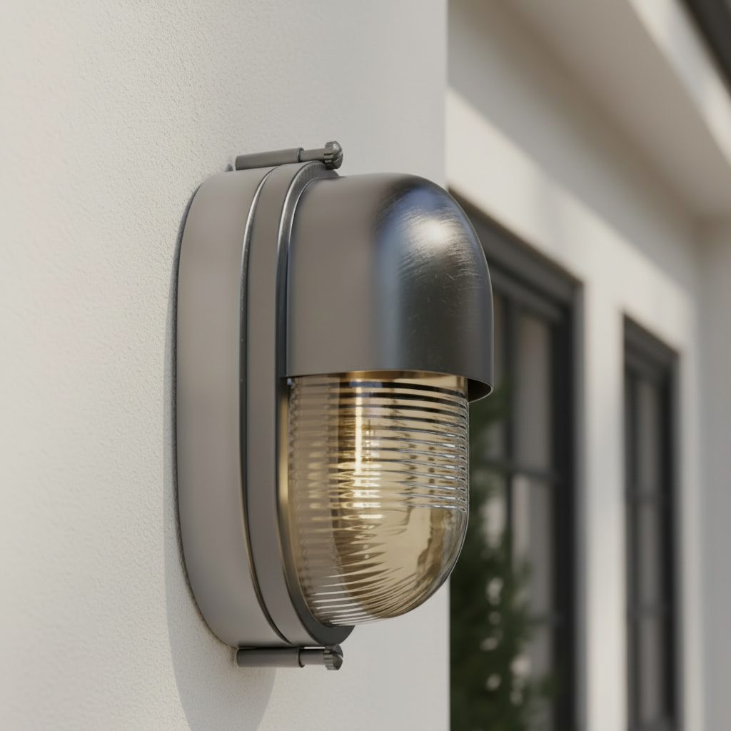 A modern outdoor wall light fixture with a brushed metal dome and ribbed clear glass shade, mounted on a white exterior wall.