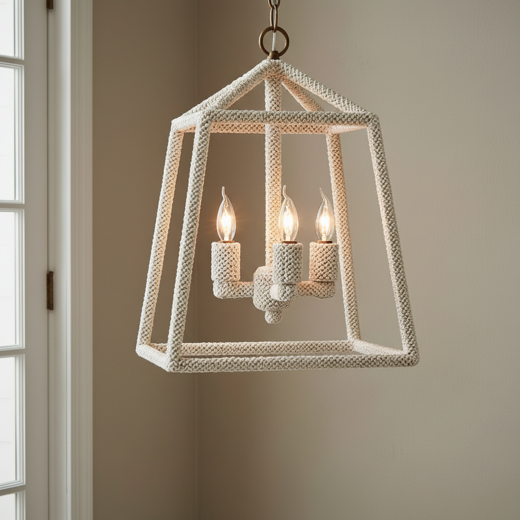 Decorative pendant light with three candles on a neutral background