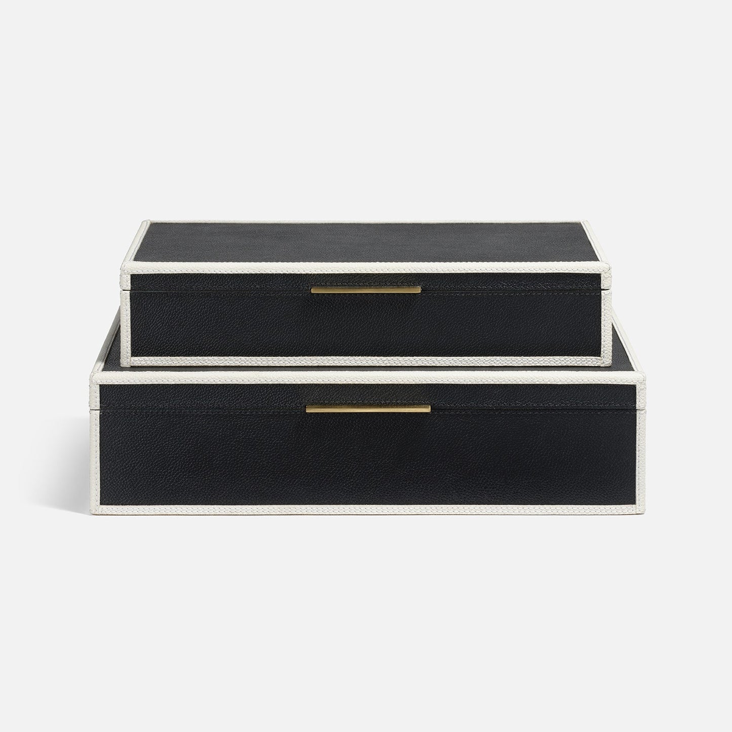 Two black jewelry boxes with gold accents on a white background