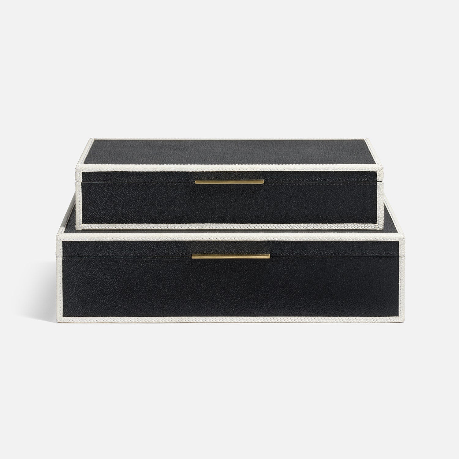 Two black jewelry boxes with gold accents on a white background