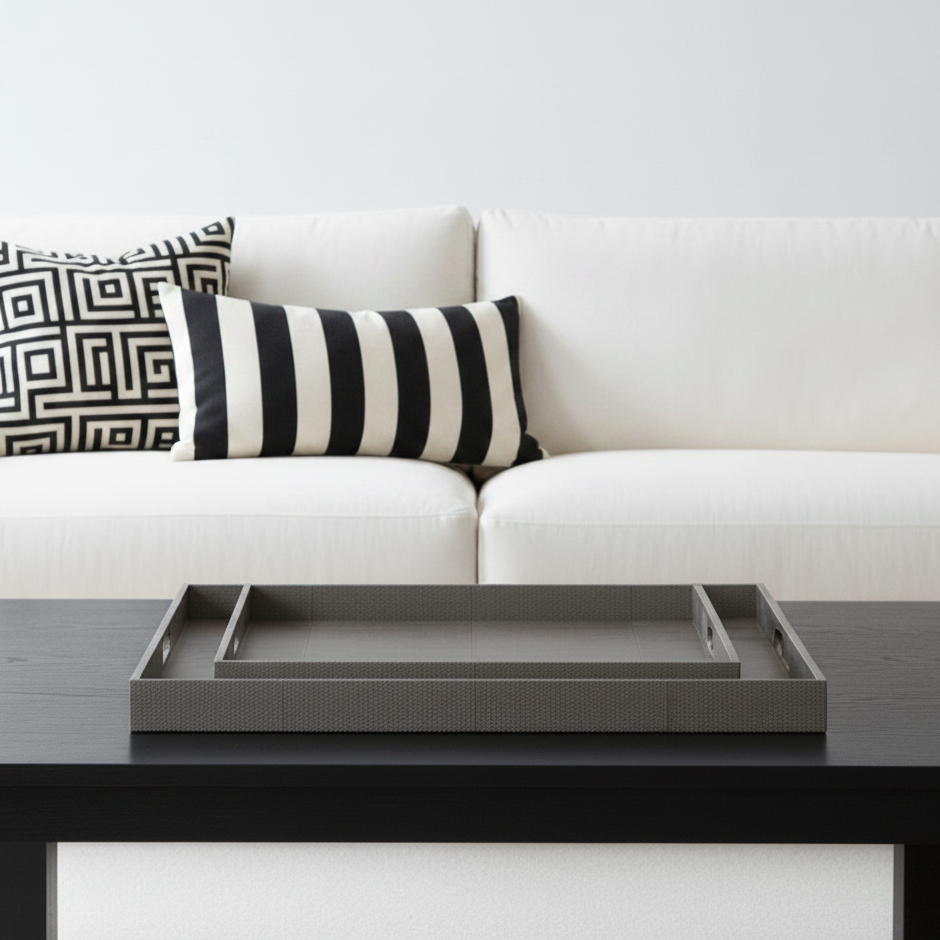 A modern white fabric sofa in a minimalist living room setting, with a glass-top coffee table in front holding a dark gray rectangular tray.
