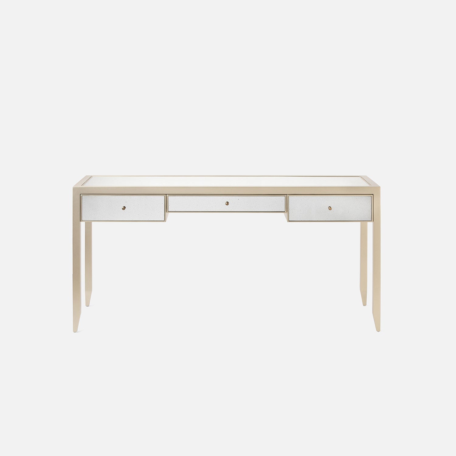 Beige desk with three drawers on a white background