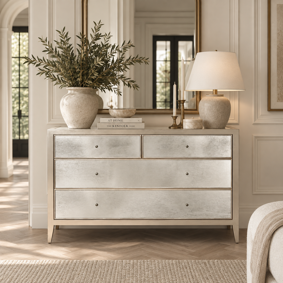 Palladian Silver oak frame 48" dresser with antiqued mirror drawers