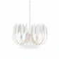 A modern multi-light chandelier with a white metal frame, hanging chain, and multiple vertical white leaf-shaped shades, shown against a plain white background.