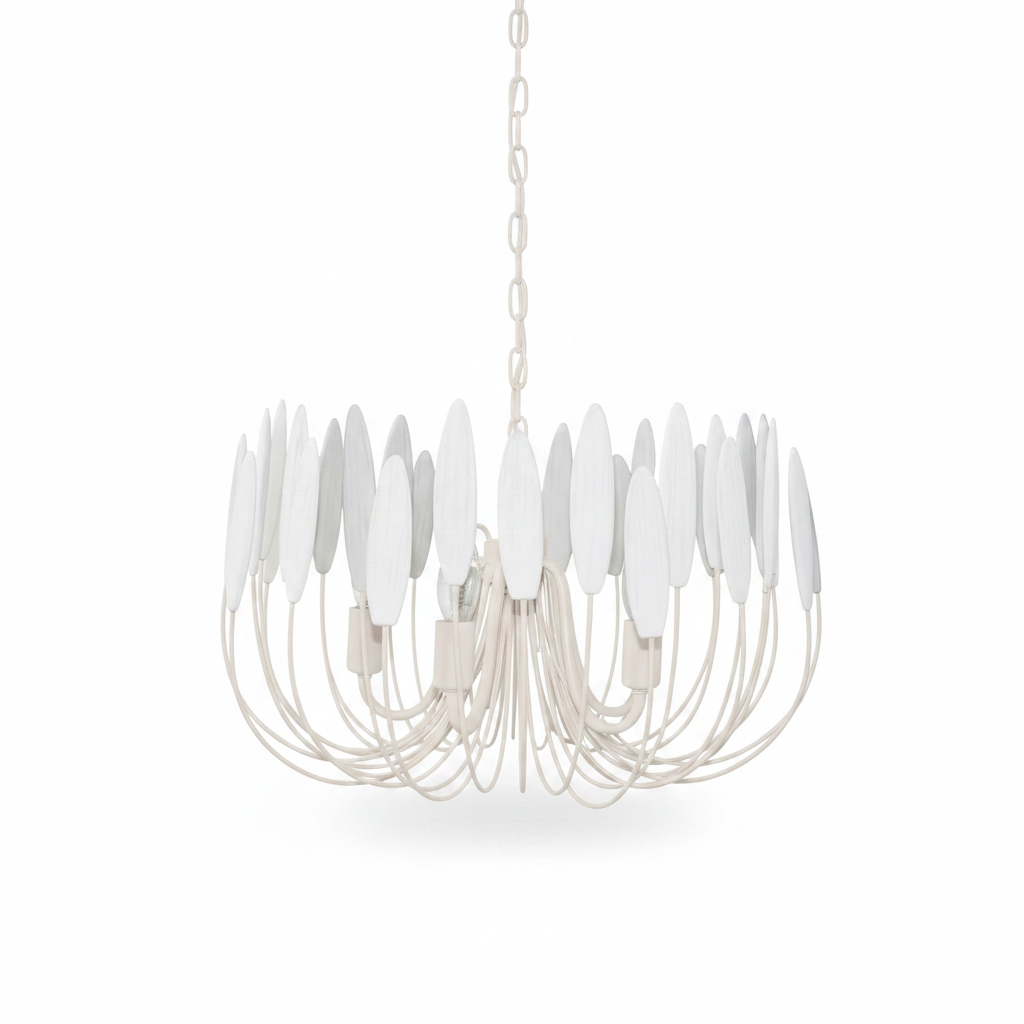 A modern multi-light chandelier with a white metal frame, hanging chain, and multiple vertical white leaf-shaped shades, shown against a plain white background.