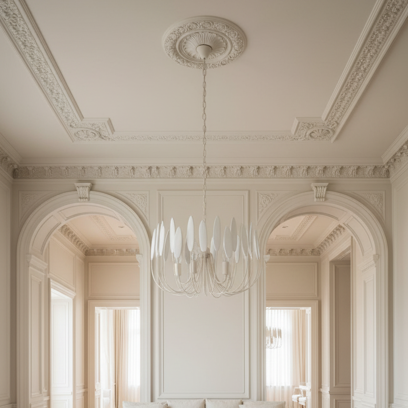 A bright, elegant living room with a large off-white sofa centered beneath a decorative chandelier, framed by two arched windows and detailed cream molding on the walls and ceiling.
