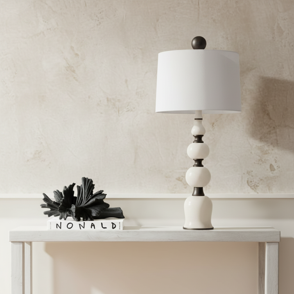 An off-white table lamp with a tapered drum shade and a stacked bead-like base with dark accents, styled on a white console table against a cream vertical slat wall.