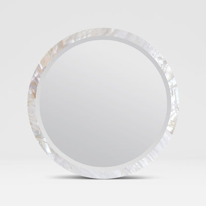 A round wall mirror with a textured, iridescent white shell or mother-of-pearl style border, shown against a neutral light gray background.