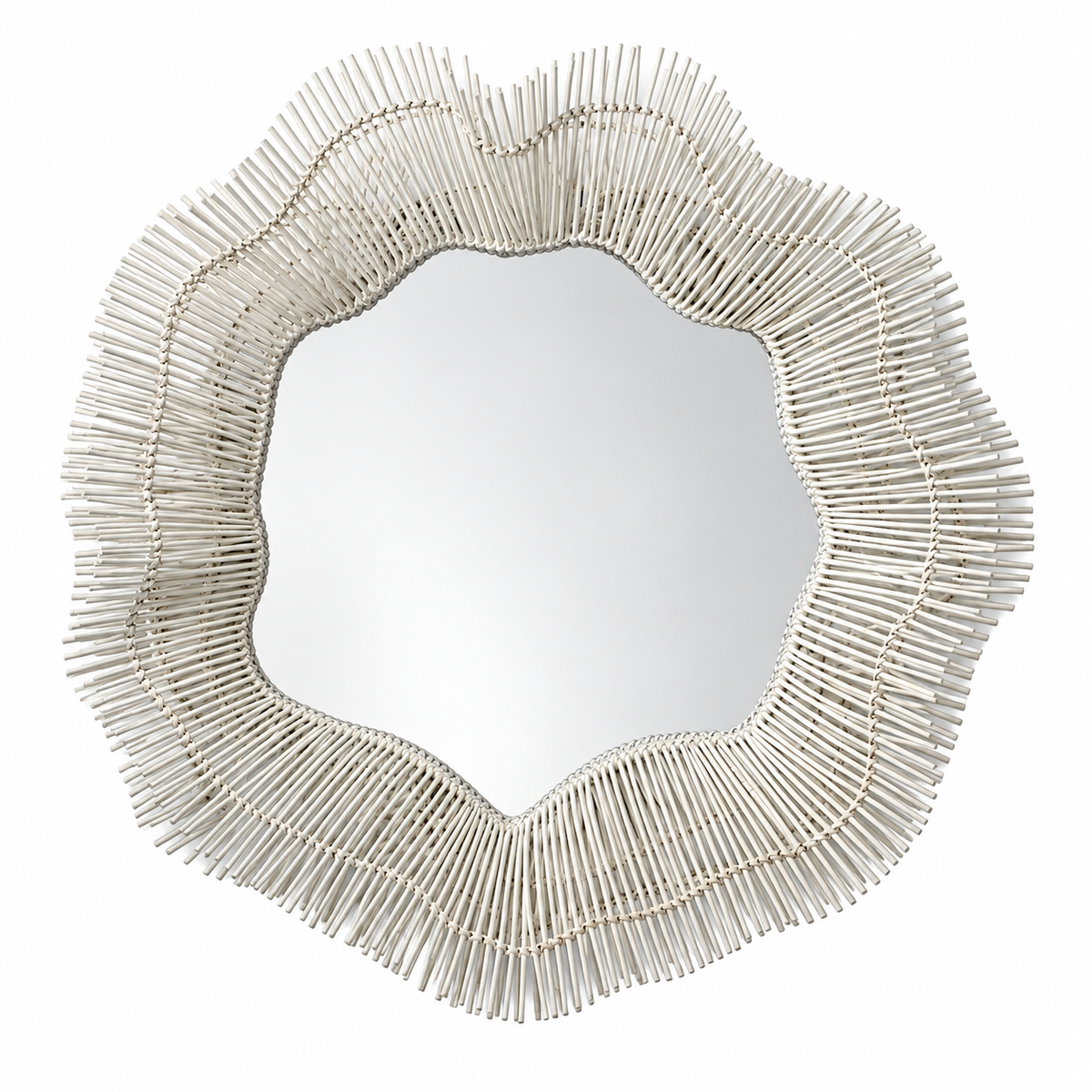 A scalloped wall mirror with a textured, sunburst-style frame made of radiating rod-like elements in a warm off-white finish, shown against a plain white background.