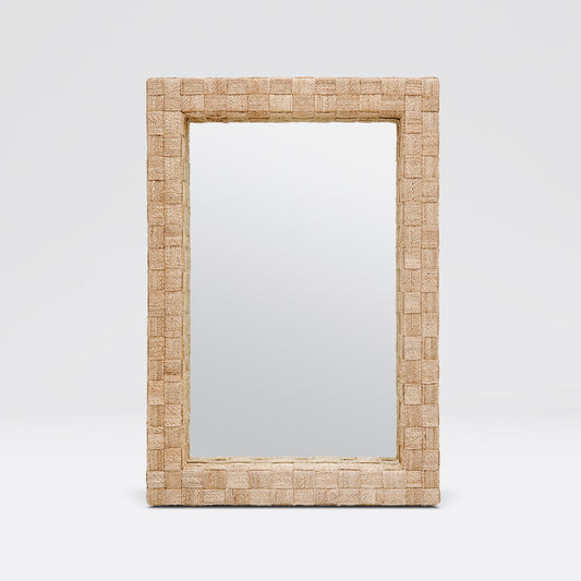 A rectangular wall mirror with a thick, woven natural fiber frame in a light tan color, shown against a neutral light gray background.