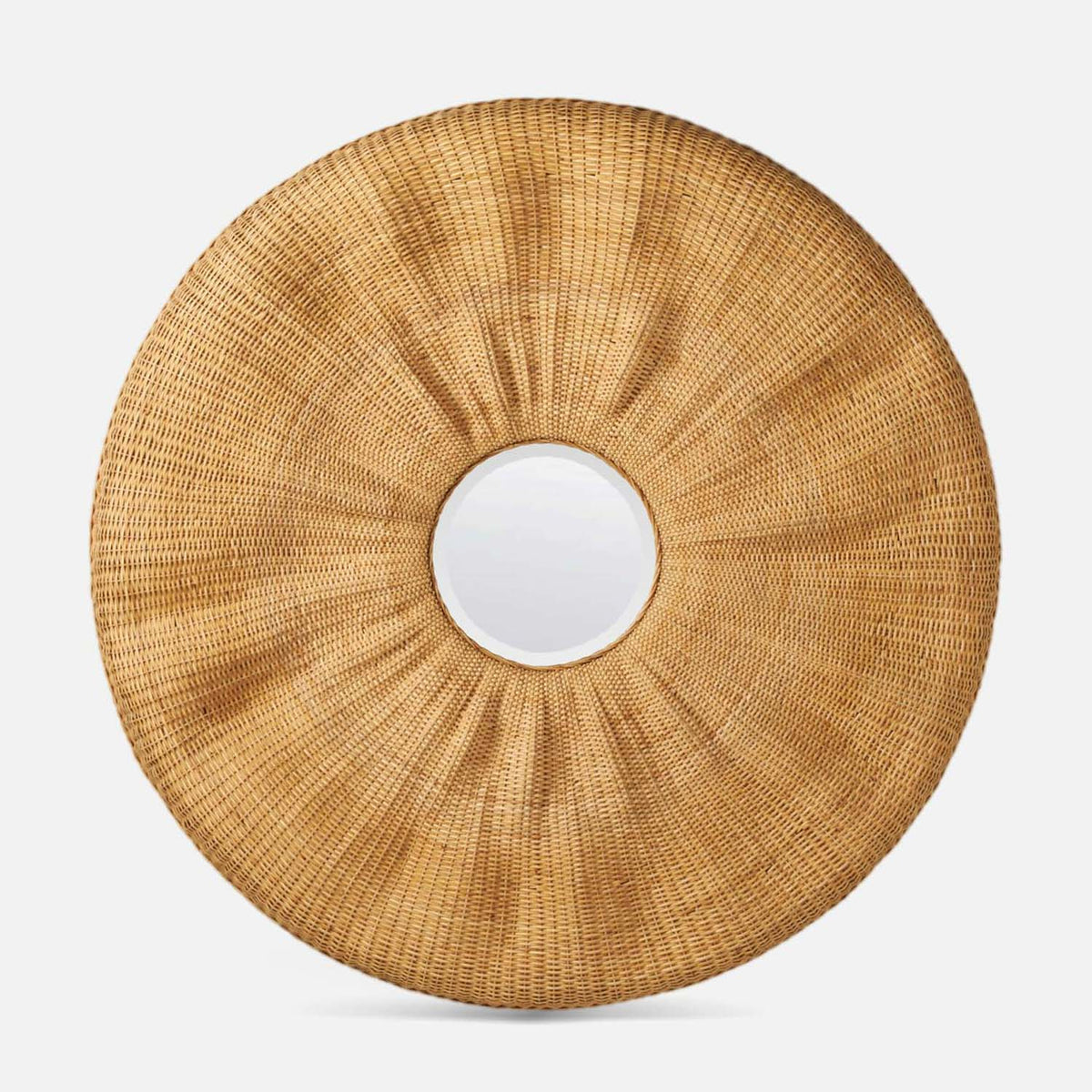 A round woven rattan mirror with a sunburst design and a smooth white reflective center, shown against a light gray background.