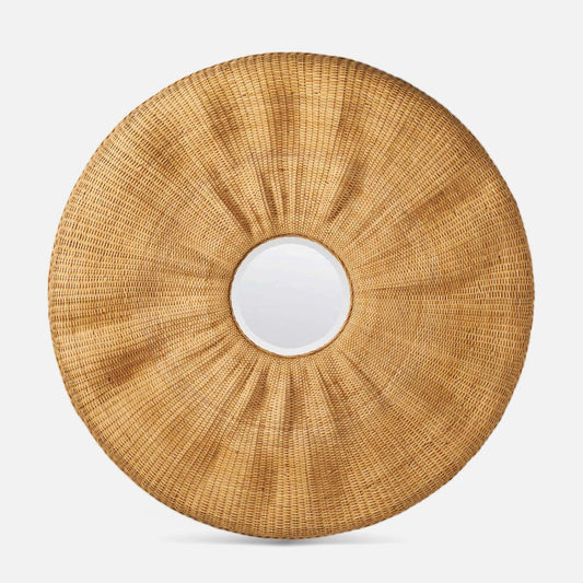 A round woven rattan mirror with a sunburst design and a smooth white reflective center, shown against a light gray background.