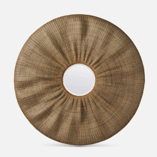 A round woven rattan wall mirror with a sunburst design and a central reflective mirror, shown against a light gray background.