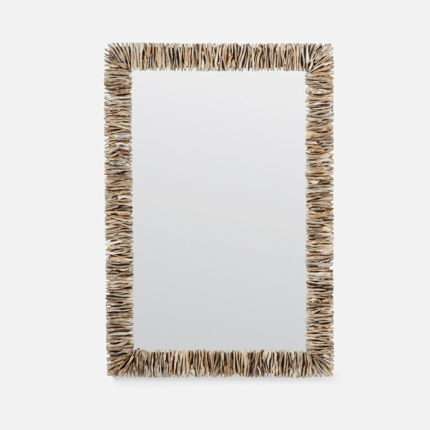 Rectangular mirror with a natural, wicker-like frame on a white background