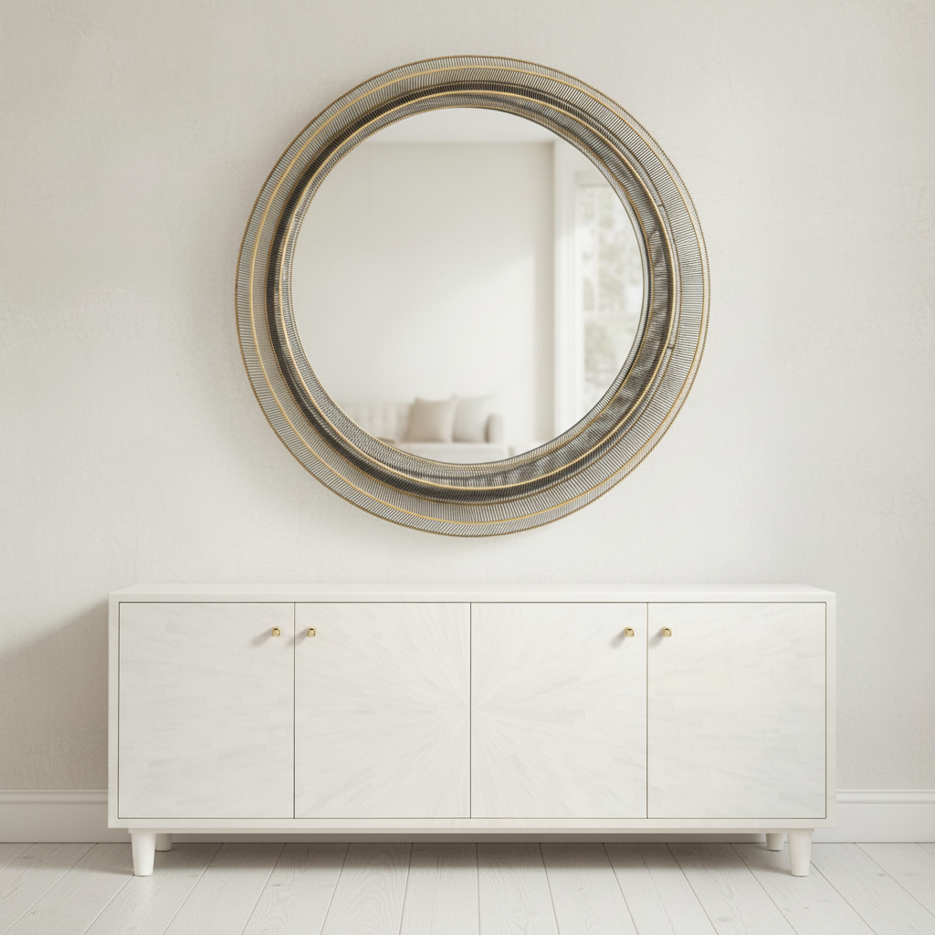Round mirror with decorative frame above a white cabinet in a minimalistic room. torion