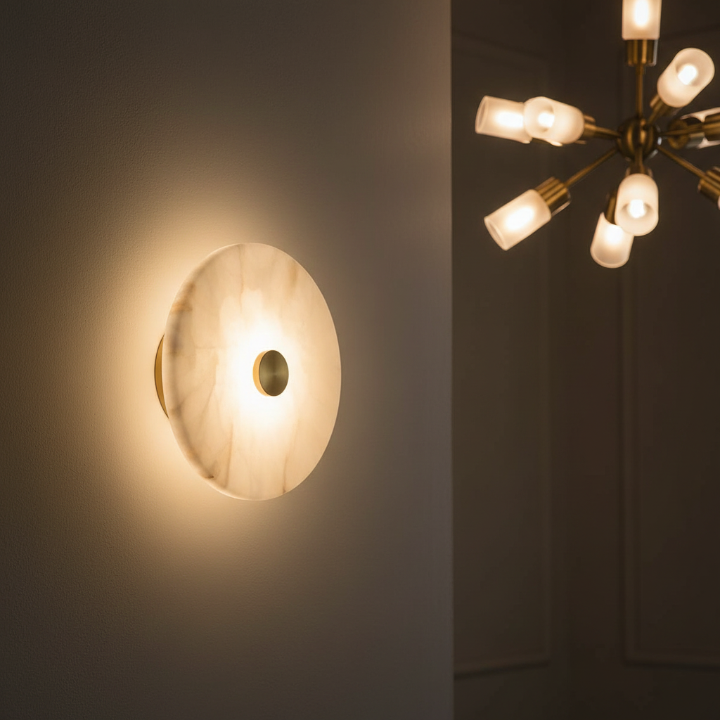 Wall-mounted light fixture emitting a warm glow on a gray wall, with a chandelier visible in the background.