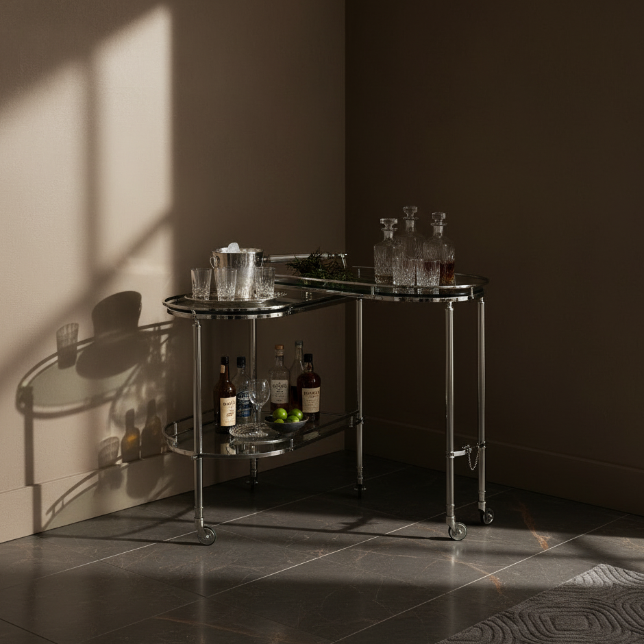 Bar cart with drinks and glasses against a dark wall