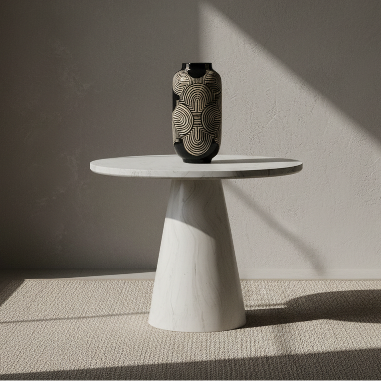 Ceramic vase on a white pedestal table with soft shadows in a minimalistic room.