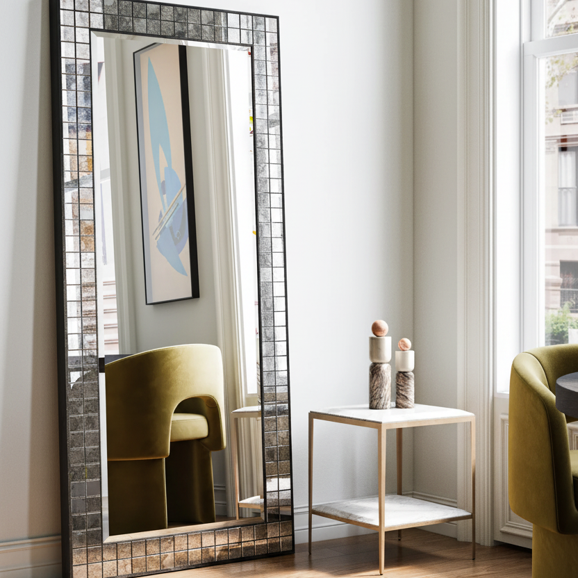 Tall mirror with decorative frame in a room with a chair and small table.