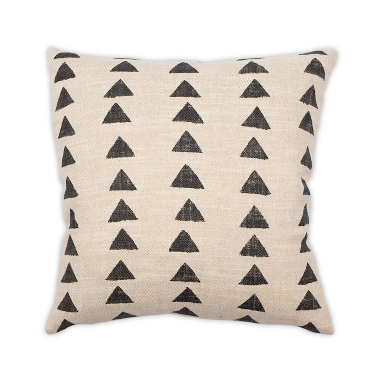 Beige pillow with black triangle pattern on a white background