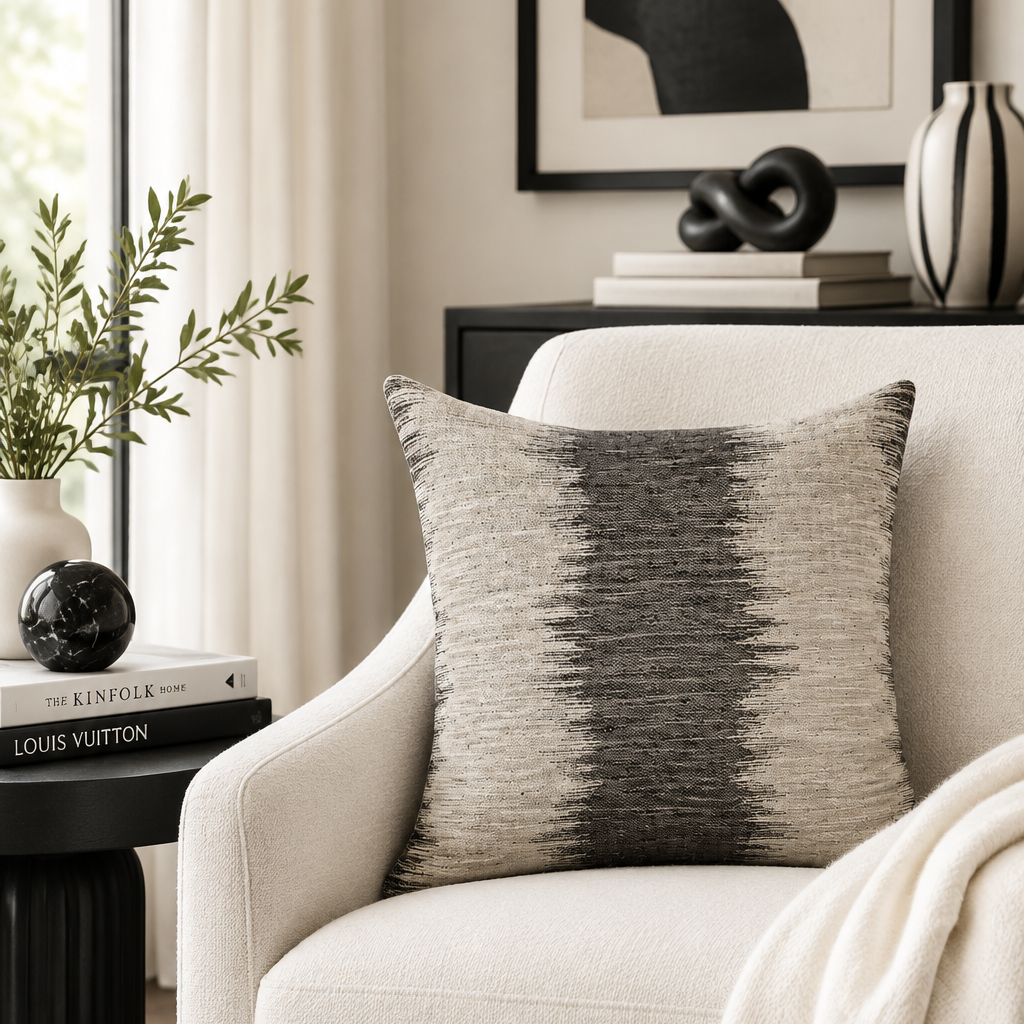A square throw pillow with a textured black and beige ikat-style pattern, resting on a cream-colored armchair in a styled living room setting.