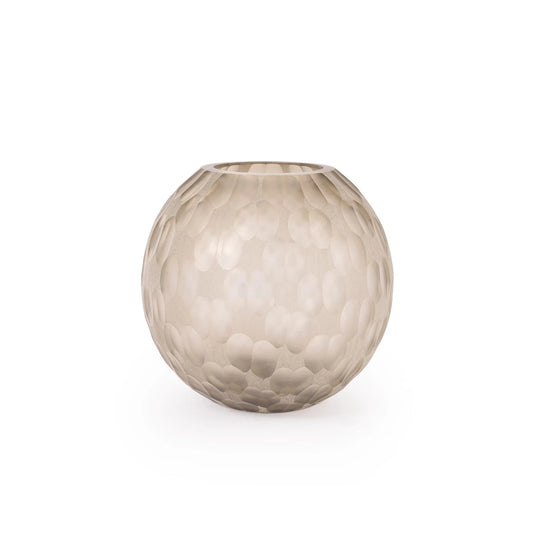 A round, hammered glass vase in a frosted champagne beige color, centered on a clean white background.