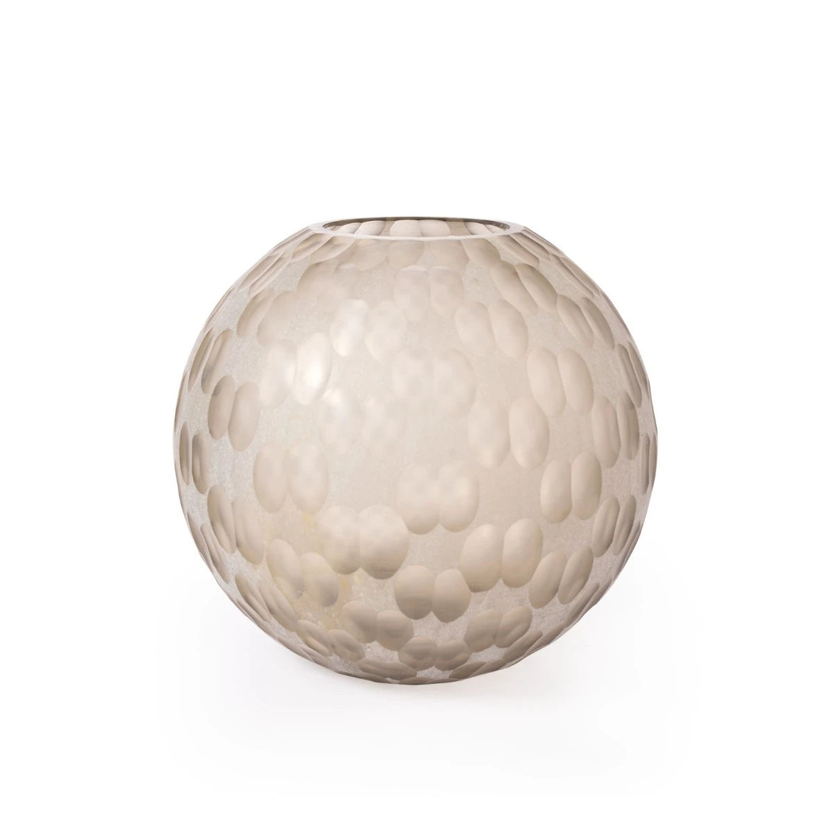 Round glass vase with textured surface on a white background