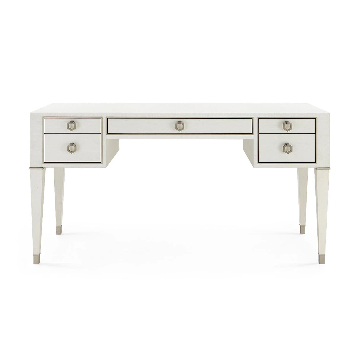 A white writing desk with five drawers, featuring tapered legs and round metallic drawer knobs, shown against a plain white background.