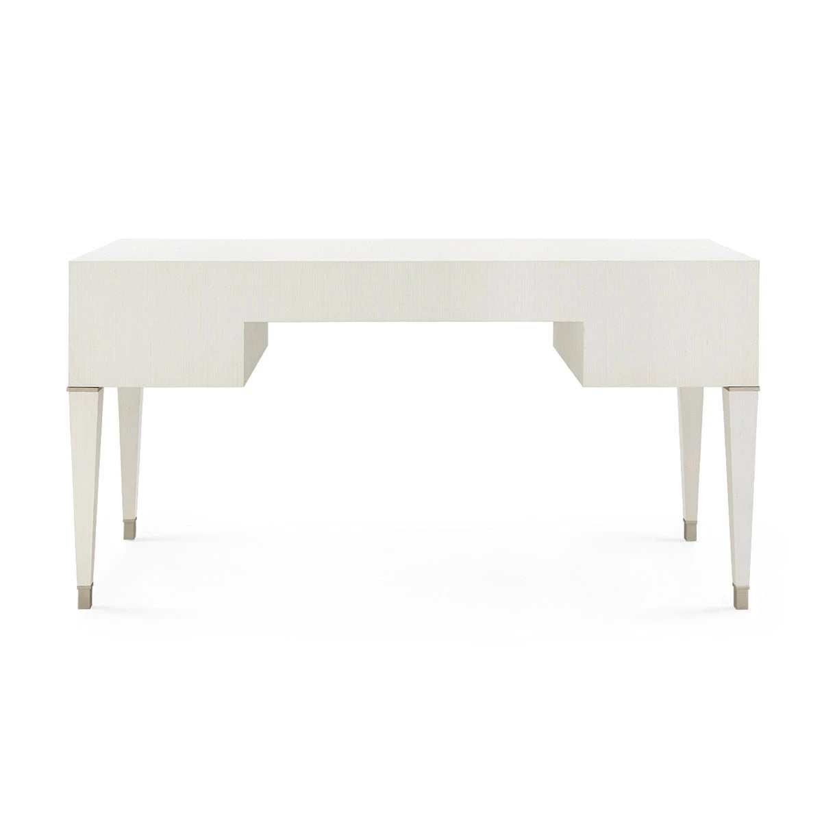 A modern white writing desk with tapered legs and a minimalist geometric design, shown against a solid white background.