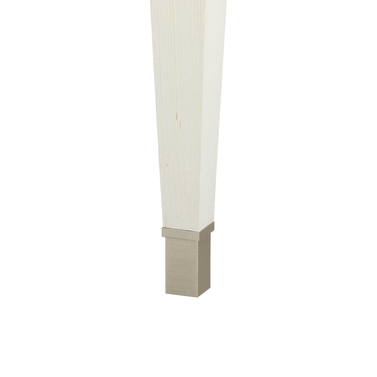 Close-up of a white painted wooden post or leg with a square metallic base, isolated on a white background.