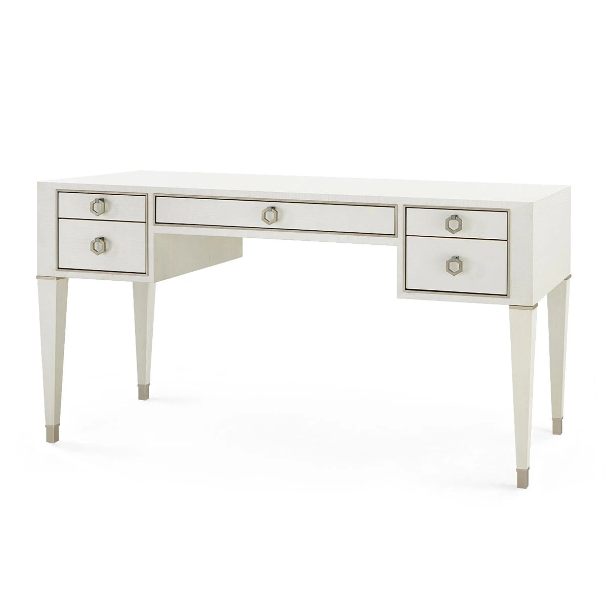 White desk with three drawers on a white background