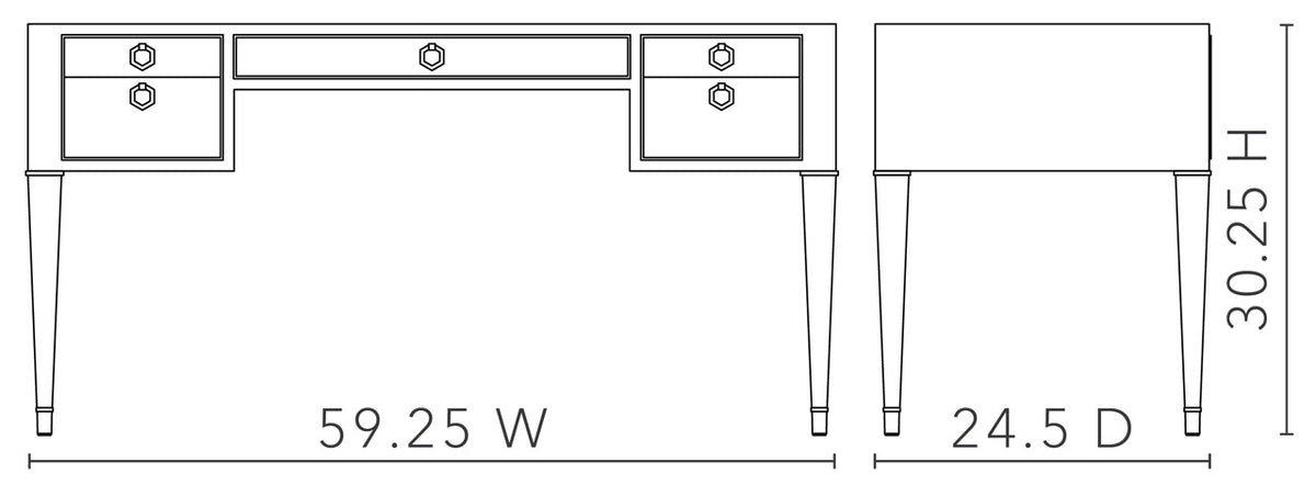 Black and white line drawing schematic of a console table showing dimensions: 59.25 W, 24.5 D, and a height of 30.25 H.