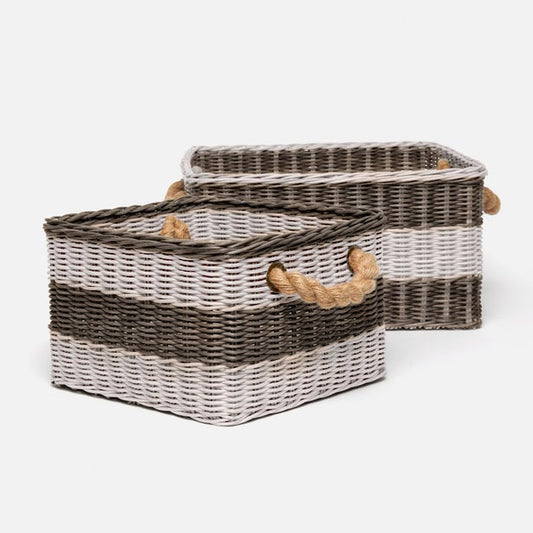 Two woven baskets with striped pattern and rope handles on a white background