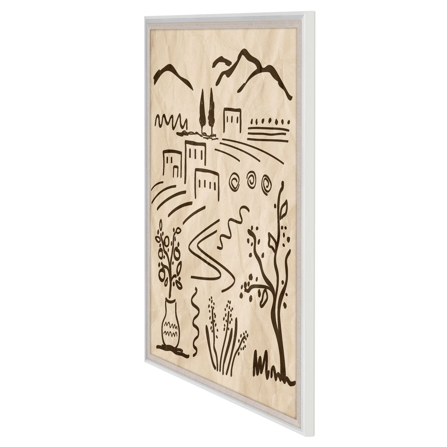 acrylic wall art with black line drawing of a landscape on a white background